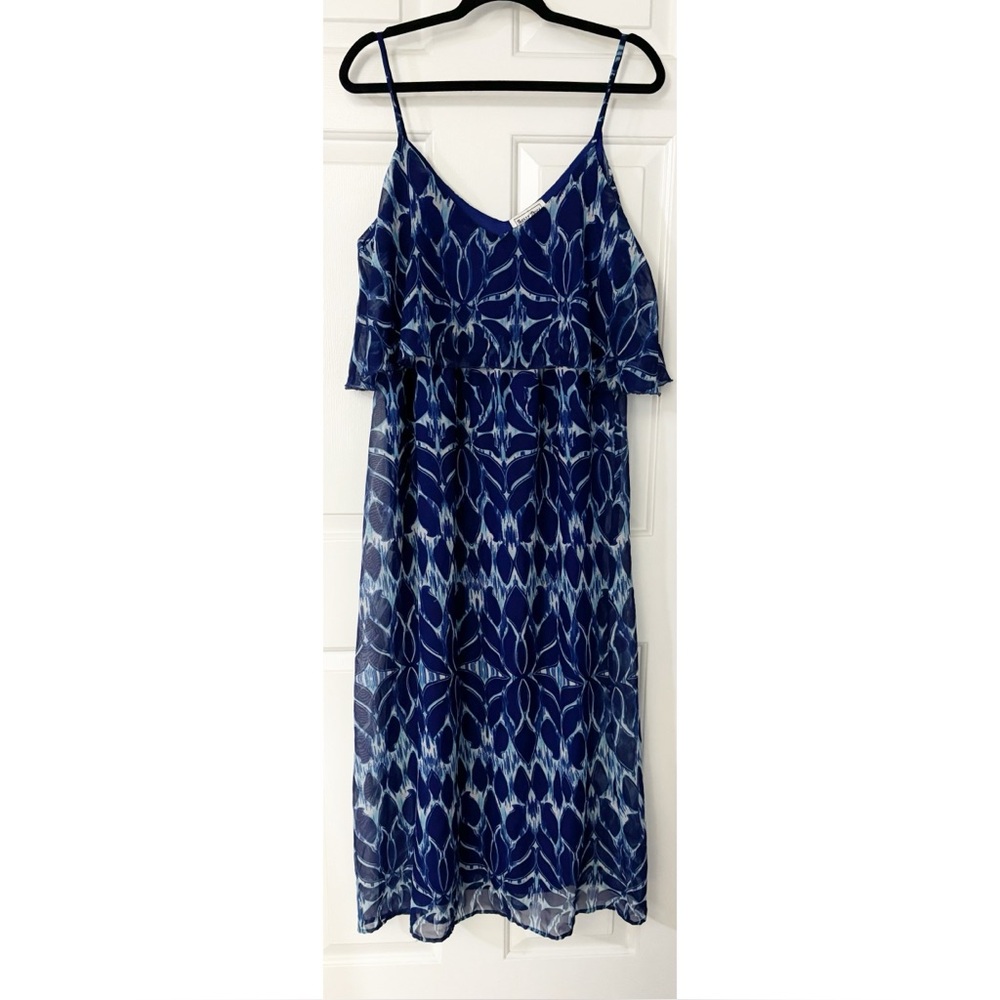 SASSY DOLL CREATIONS Size 1X Blue Maxi Dress Spaghetti Straps Ruffle Pattern